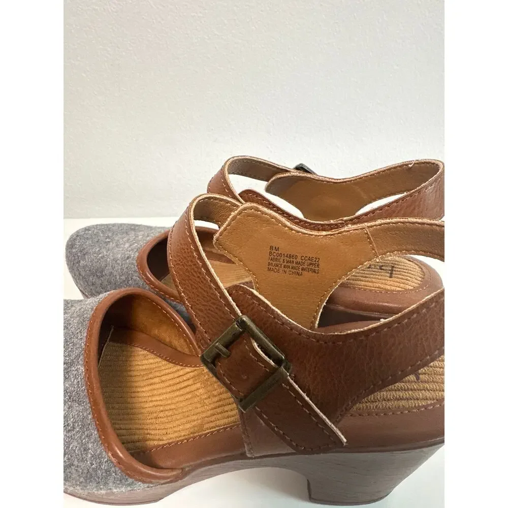 BOC Big on Comfort Grey Felt & Brown Ankle Strap Platform Clog Heels | Size 8